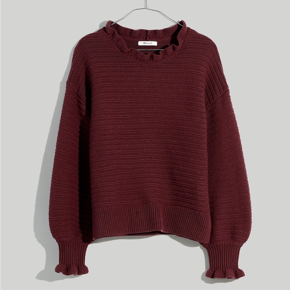NWOT Madewell Ruffle-Neck Pullover Sweater in Cotton-Merino Yarn Medium Mulberry